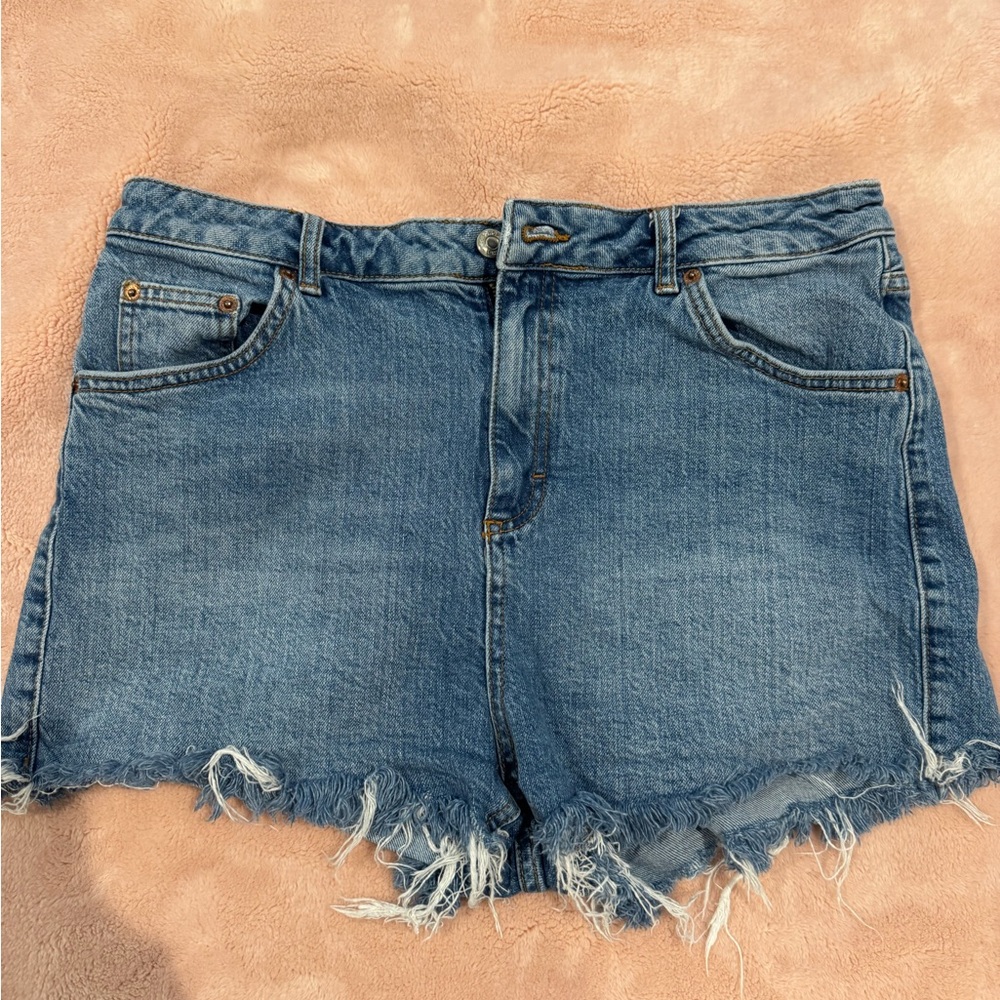 Topshop Blue Jean Shorts with Frayed Hem